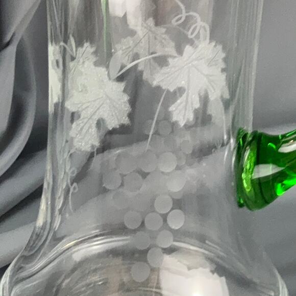 Vintage Roman Art France Hand Blown Glass Pitcher Etched Grapes Green Handle - Picture 5 of 5